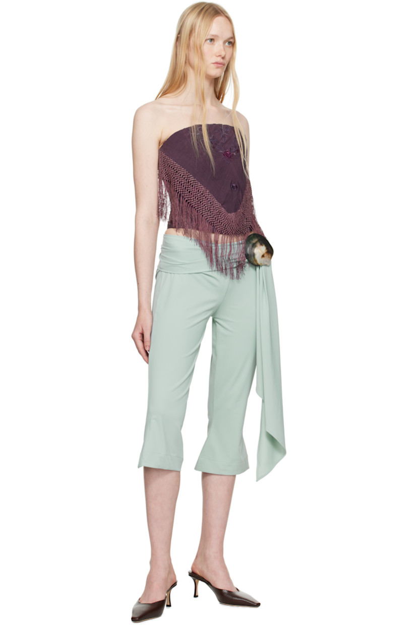 Plain-woven silk corset-style top. Boning, embroidered floral graphics, and fringed detailing throughout.

· Straight neck
· Zip closure at back
· Crêpe lining 

Supplier color: Purple