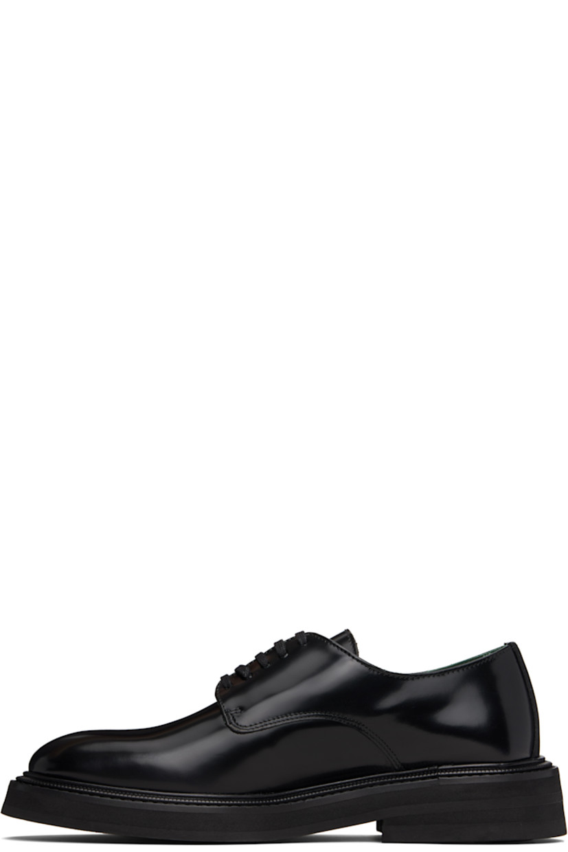 Polished leather derbys.

· Lace-up closure
· Buffed leather lining
· Topstitching at welt
· Foam rubber midsole
· Treaded rubber sole

Supplier color: Black