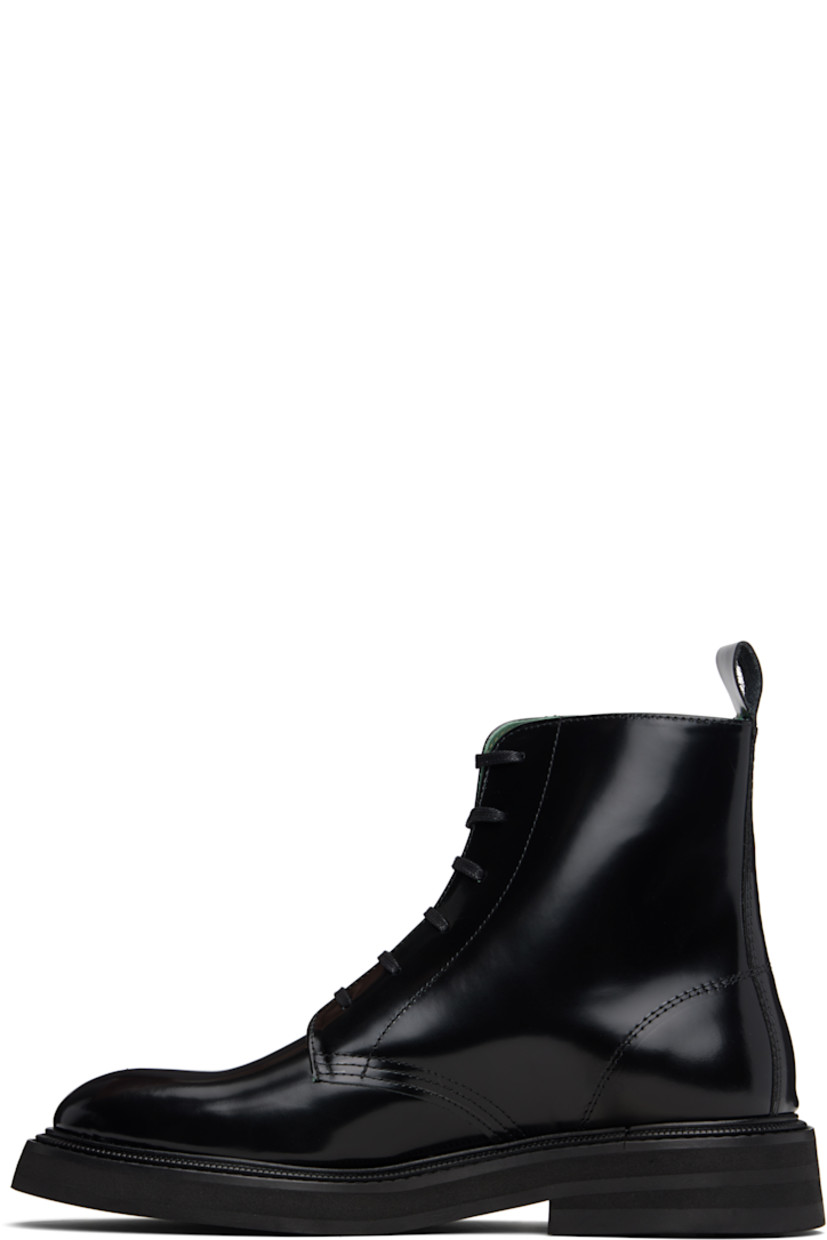 Ankle-high polished leather boots.

· Lace-up closure
· Pull-loop at heel collar
· Buffed leather lining
· Topstitching at welt
· Foam rubber midsole
· Treaded rubber sole

Supplier color: Black
