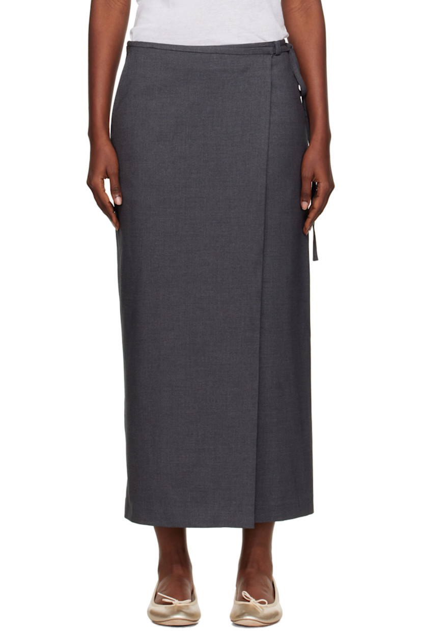 Stretch twill maxi skirt.

· Wrap construction
· Belt loops
· Self-tie and press-stud fastening at waistband
· Two-pocket styling
· Darts and zip closure at back waist
· Central vent at back hem
· Full satin lining

Supplier color: Charcoal grey