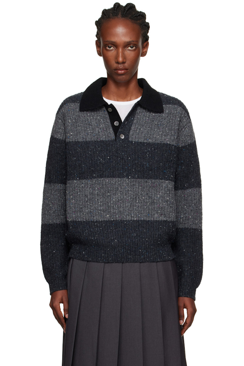 Knit wool-blend polo. 

· Striped and speckled pattern throughout
· Rib-knit spread collar, hem, and cuffs
· Three-button placket

Supplier color: Grey/Charcoal Grey