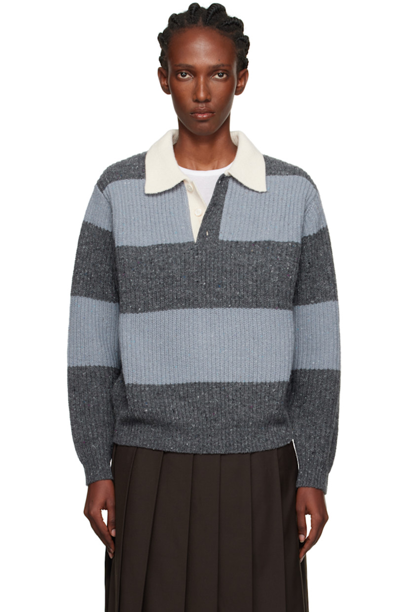 Knit wool-blend polo. 

· Striped and speckled pattern throughout
· Rib-knit spread collar, hem, and cuffs
· Three-button placket

Supplier color: Softblue/Grey