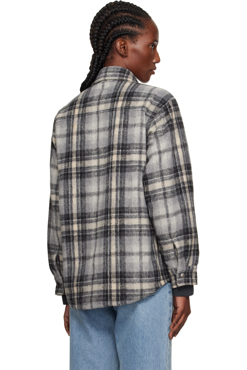 Insulated flannel overshirt.

· Check pattern throughout
· Spread collar
· Press-stud closure
· Patch pockets at chest
· Logo patch at pocket
· Welt pockets at waist
· Shirttail hem
· Press-stud barrel cuffs
· Logo embroidered at back collar
· Welt pocket at interior
· Full quilted satin lining

Supplier color: Grey check