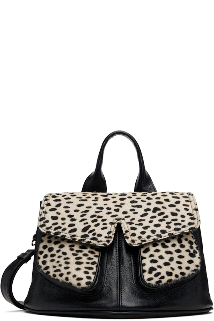 Pebble-grained calfskin and calf hair shoulder bag.

· Rolled carry handle 
· Adjustable crossbody strap
· Leopard pattern and concealed patch pockets at face 
· Magnetic flap closure 
· Patch pocket at interior 
· Twill lining
· H6.5" x W11" x D5"

Supplier color: Shiny black/Printed