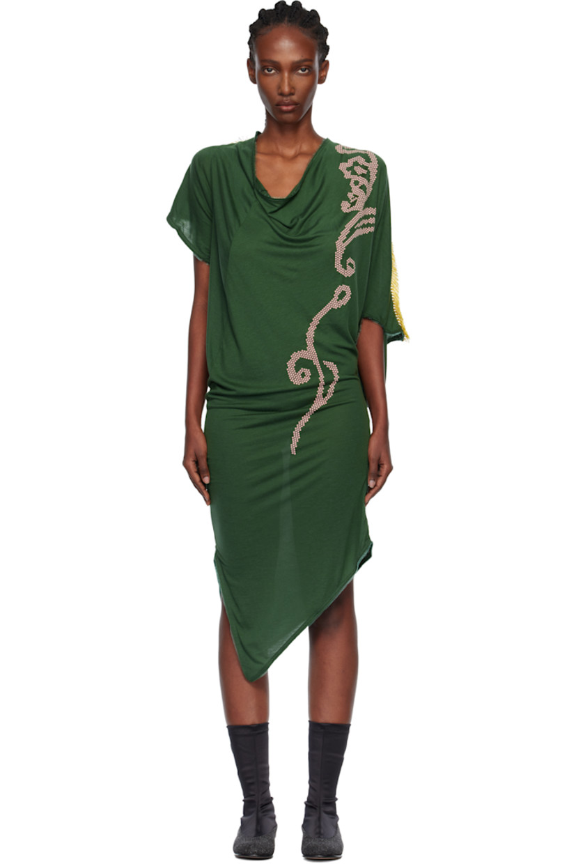 Slub lyocell- and silk-blend jersey midi dress.

· Draped construction 
· Raw edges throughout 
· Cowl neck
· Flocked graphic at front 
· Asymmetric hem 
· Fringed detailing at back 

Supplier color: Juniper green