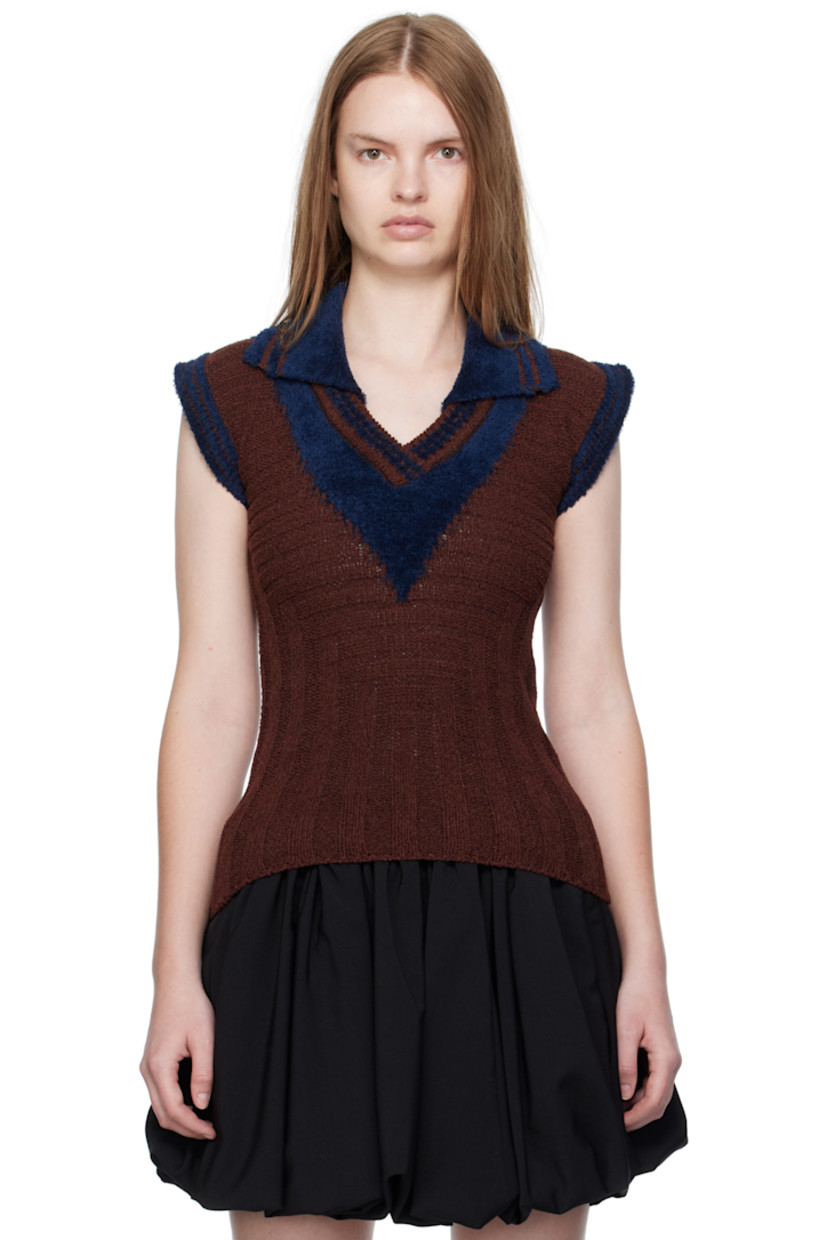 Rib-knit silk and cotton-blend fleece polo. Striped spread collar, V-neck, and armscyes.

Supplier color: Mahogany brown