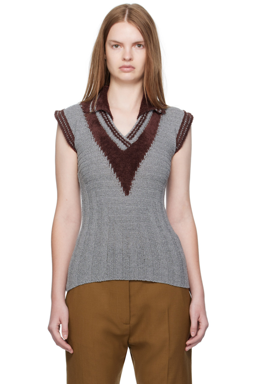 Rib-knit silk and cotton-blend fleece polo. Striped spread collar, V-neck, and armscyes.

Supplier color: Speckled fossil grey
