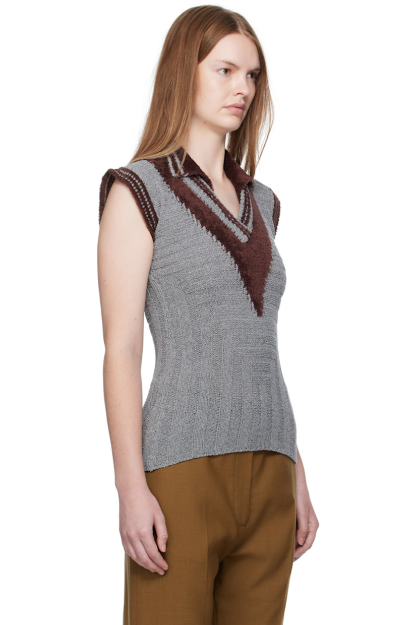 Rib-knit silk and cotton-blend fleece polo. Striped spread collar, V-neck, and armscyes.

Supplier color: Speckled fossil grey
