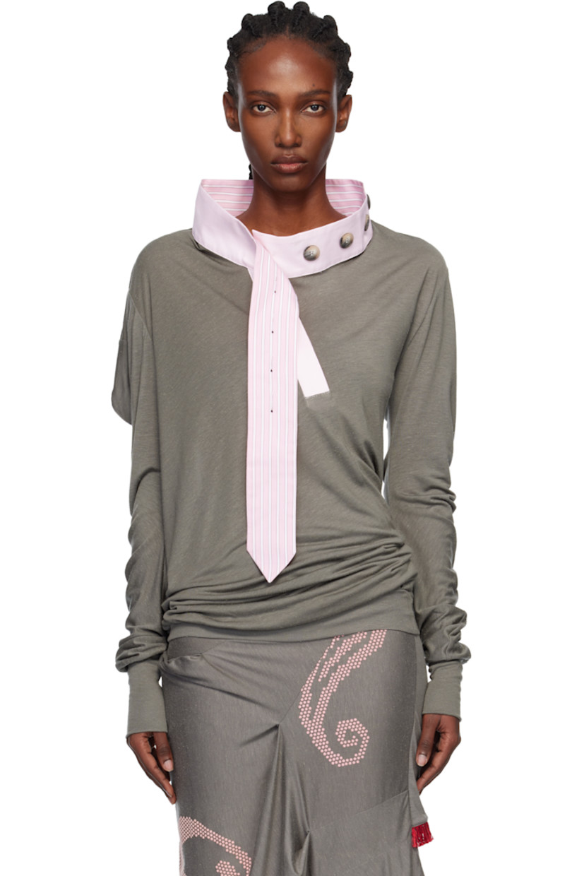 Lyocell- and silk-blend slub jersey top.

· Twisted construction 
· Round neck
· Eight-button placket 
· Rib-knit hem and cuffs

Supplier color: Gargoyle grey