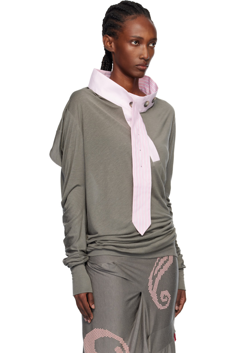 Lyocell- and silk-blend slub jersey top.

· Twisted construction 
· Round neck
· Eight-button placket 
· Rib-knit hem and cuffs

Supplier color: Gargoyle grey
