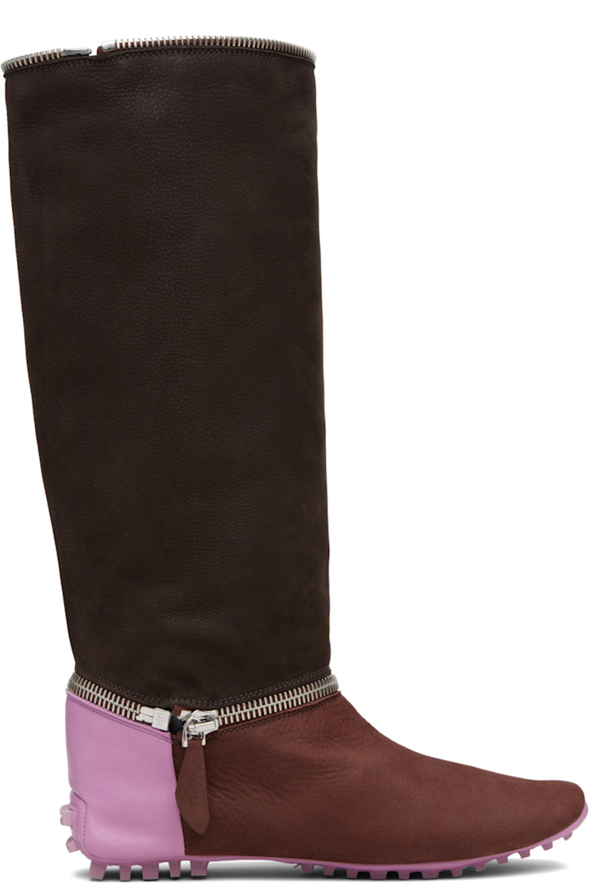 Mid-calf suede and grained leather boots. 

· Detachable zip panel at ankle
· Zip placket at collar
· Grained leather lining
· Treaded rubber sole

Supplier color: Espresso brown