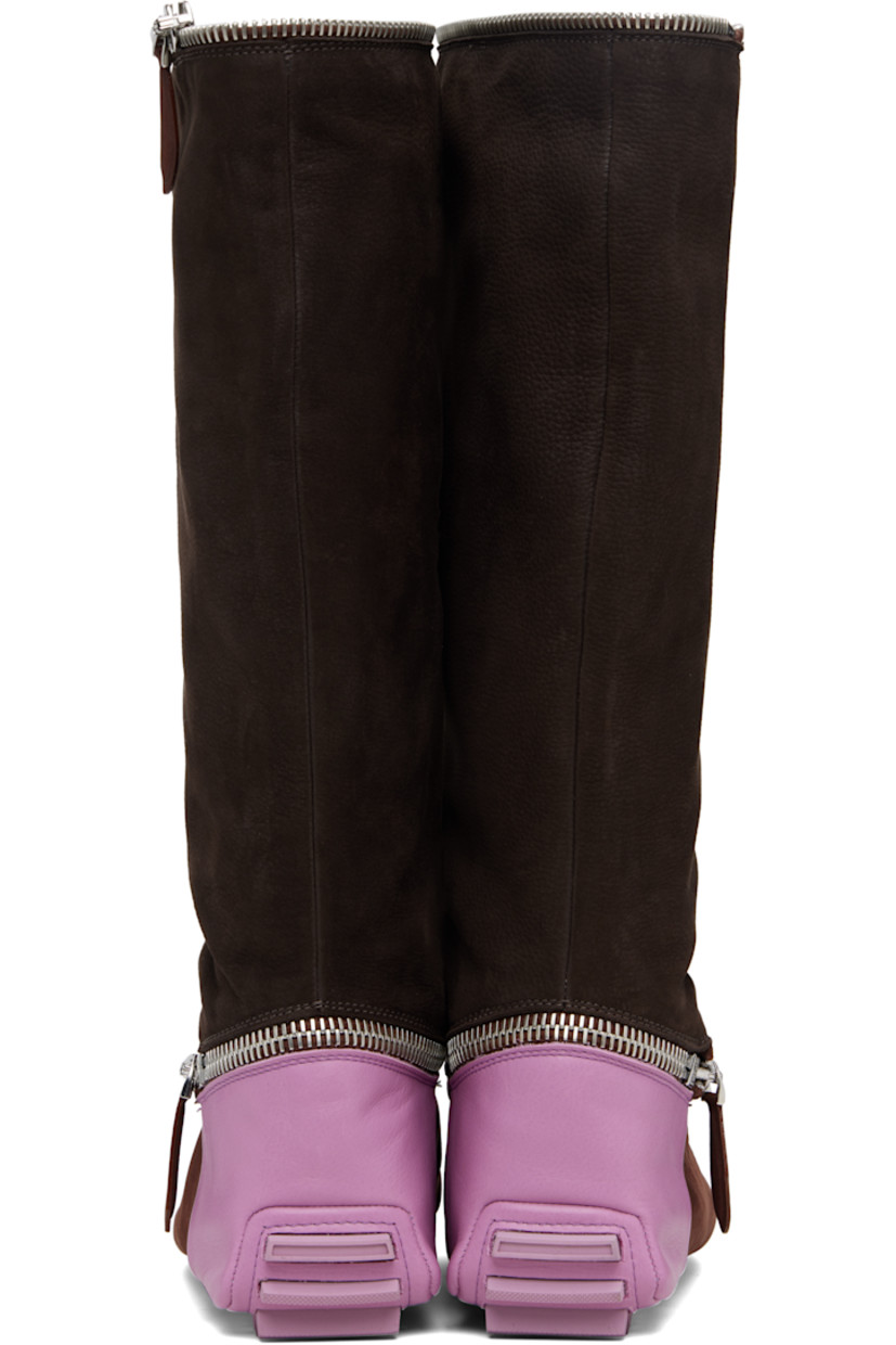 Mid-calf suede and grained leather boots. 

· Detachable zip panel at ankle
· Zip placket at collar
· Grained leather lining
· Treaded rubber sole

Supplier color: Espresso brown