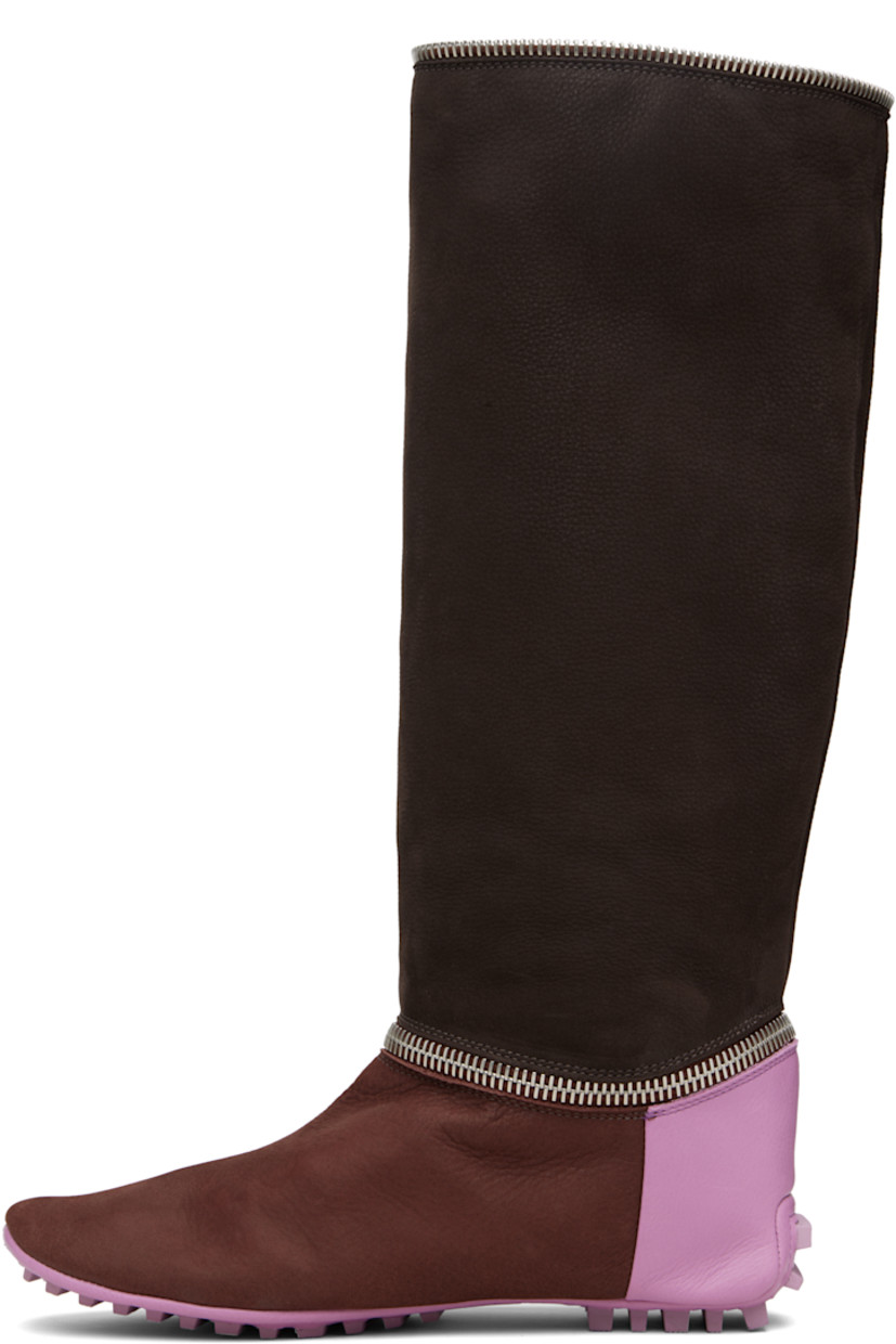 Mid-calf suede and grained leather boots. 

· Detachable zip panel at ankle
· Zip placket at collar
· Grained leather lining
· Treaded rubber sole

Supplier color: Espresso brown