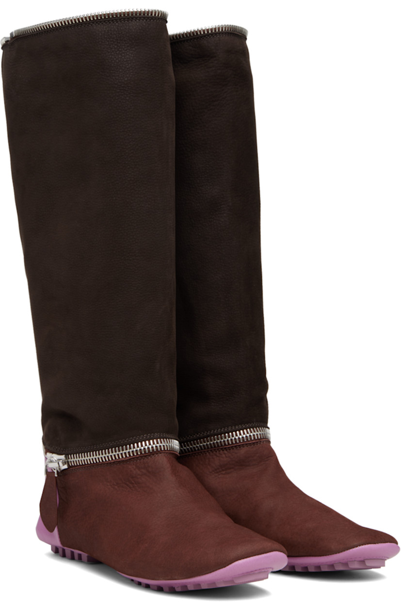 Mid-calf suede and grained leather boots. 

· Detachable zip panel at ankle
· Zip placket at collar
· Grained leather lining
· Treaded rubber sole

Supplier color: Espresso brown