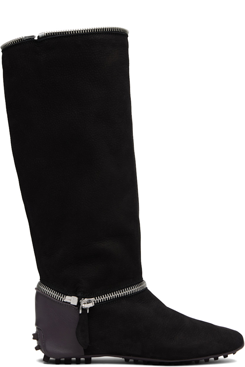 Mid-calf suede and grained leather boots. 

· Detachable zip panel at ankle
· Zip placket at collar
· Grained leather lining
· Treaded rubber sole

Supplier color: Void black