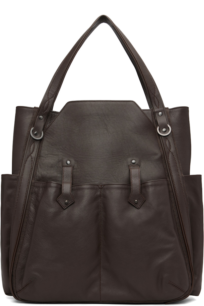 Grained nappa calfskin tote.

· Twin shoulder straps
· Patch pockets with post-stud tabs at face
· Patch pocket at sides
· Zip closure
· Zip pocket and patch pocket at interior
· Plain-woven lining
· H17" x W16" x D5.5"

Supplier color: Chocolate