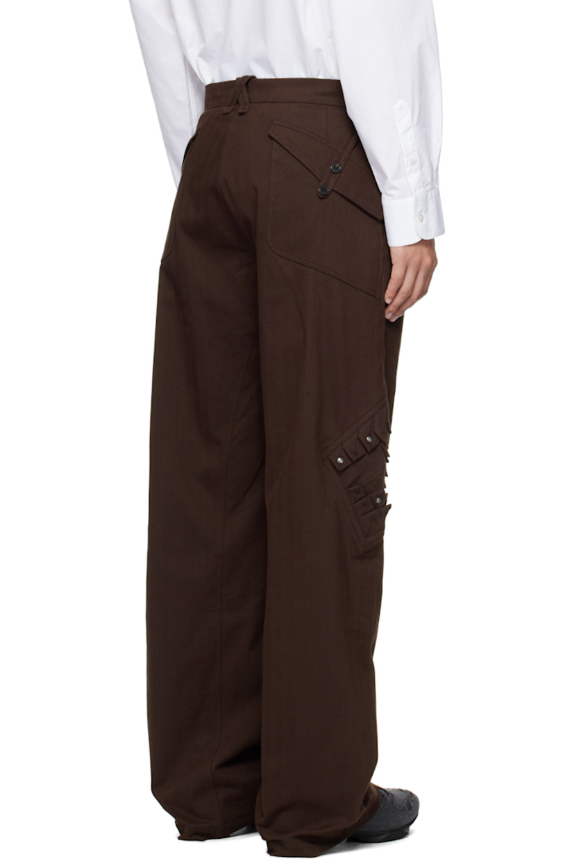 Woven stretch cotton-blend trousers.

· Belt loops
· Four-pocket styling
· Zip fly
· Pleated panel with rivets at outseams

Supplier color: Wood brown