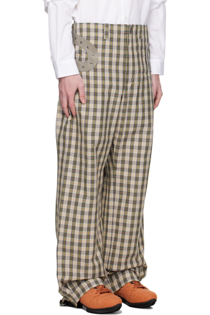 Cotton-blend oxford cloth trousers.

· Check pattern throughout
· Belt loops
· Four-pocket styling
· Zip fly
· Button fastening and pleats at cuff
· Studded grained leather trim at outseams and back
· Pleats at back waist

Supplier color: Oyster check/taupe
