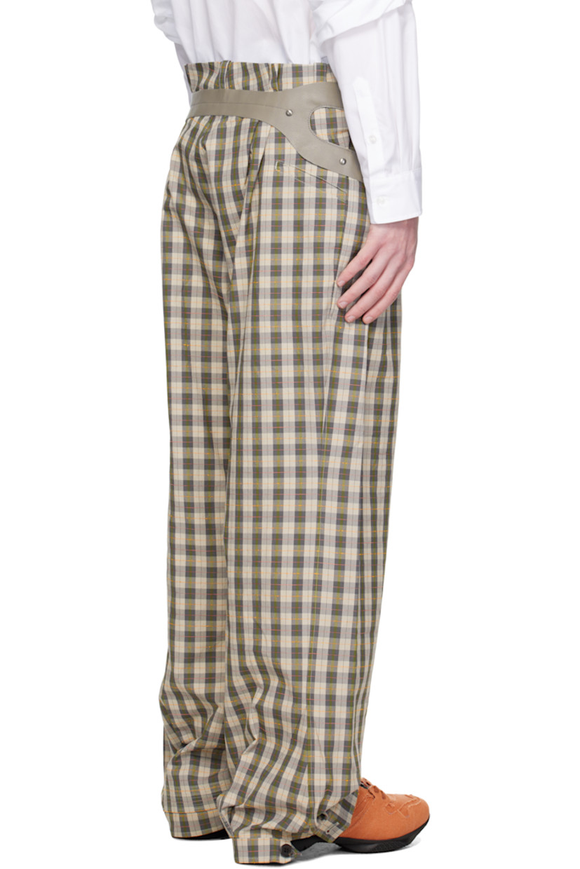 Cotton-blend oxford cloth trousers.

· Check pattern throughout
· Belt loops
· Four-pocket styling
· Zip fly
· Button fastening and pleats at cuff
· Studded grained leather trim at outseams and back
· Pleats at back waist

Supplier color: Oyster check/taupe
