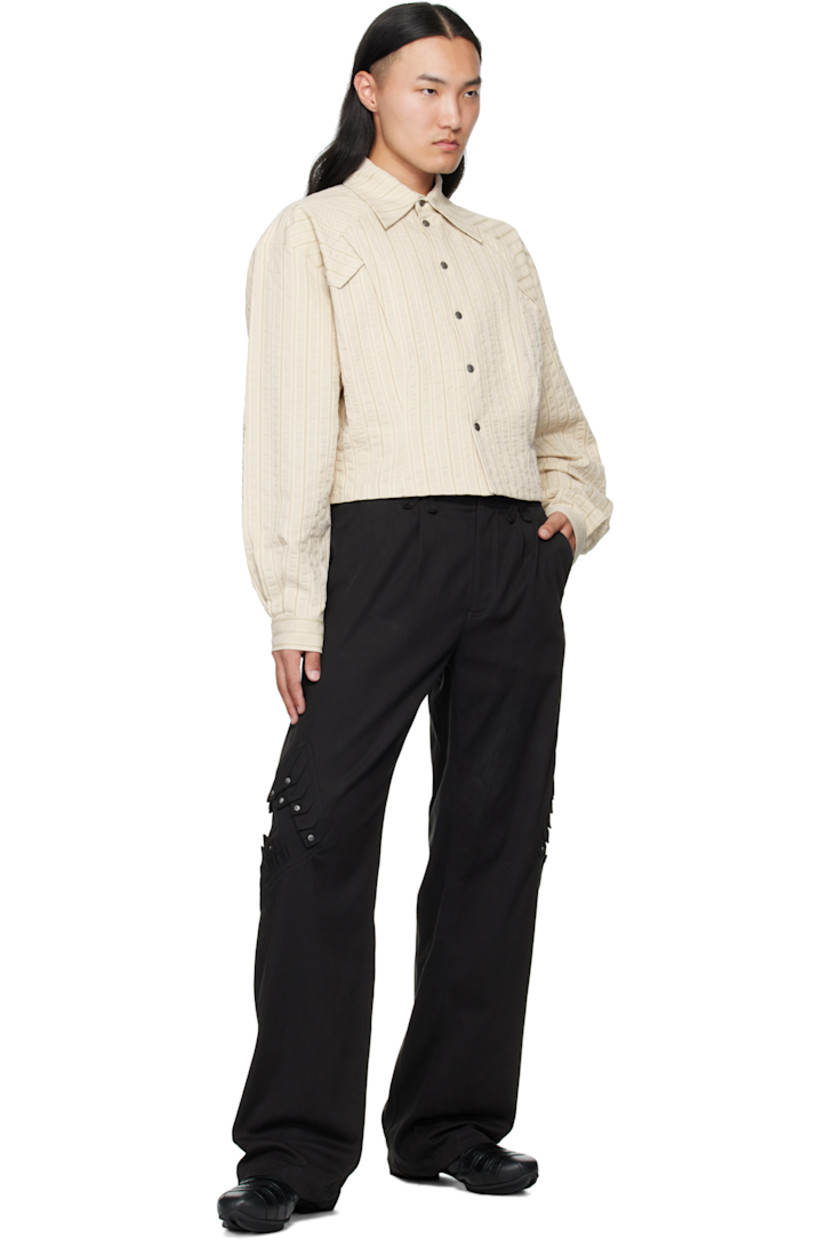 Woven cotton shirt.

· Woven stripes throughout
· Spread collar
· Press-stud closure 
· Overlayed panels at front
· Cropped hem
· Adjustable press-stud cuffs

Supplier color: Ivory Hunter Stripe