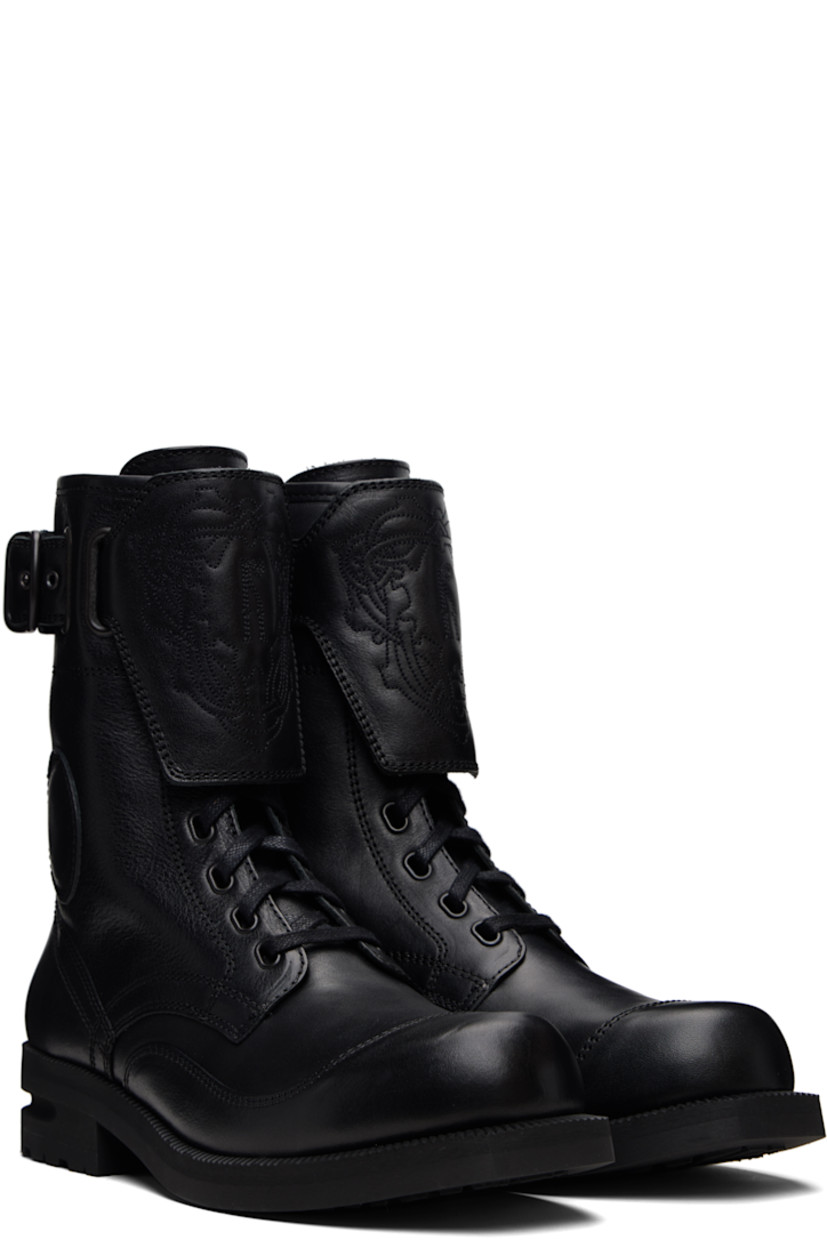 Mid-calf grained leather boots.

· Lace-up closure
· Logo graphic embroidered at vamp
· Logo embossed at tongue
· Pin-buckle strap at outer side
· Serrated edge at welt
· Treaded Vibram® rubber sole

Supplier color: Petrol black