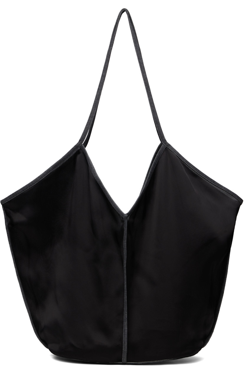 Semi-sheer silk chiffon tote in black. 

· Twill trim throughout
· Fixed shoulder straps 
· Buffed calfskin panel and bumper studs at base
· Self-tie fastening at open throat
· Detachable calfskin pouch at interior
· H17" x W25" x D5.25"

Part of the Ruohan x Hereu collaboration.

Supplier color: Black/Gray