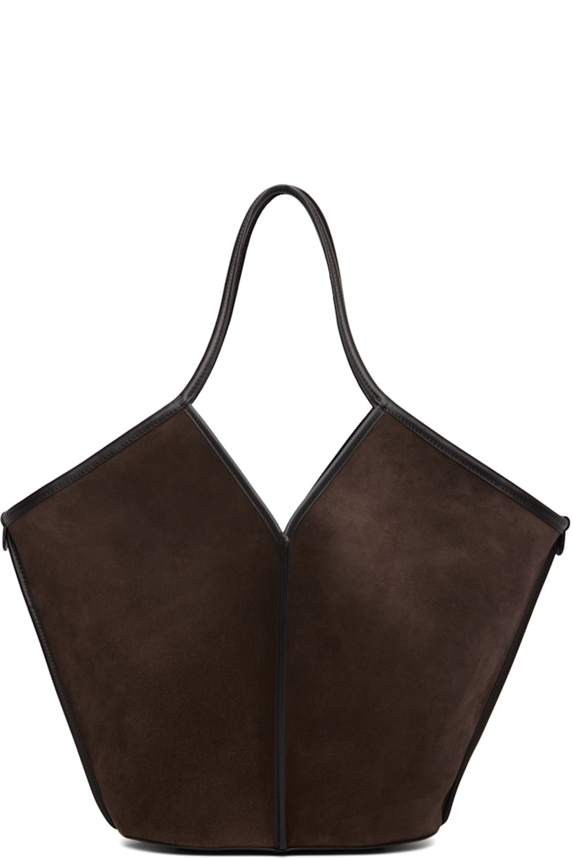 Calfskin suede and buffed calfskin tote. 

· Fixed shoulder straps 
· Pinched central seam at front and back
· Bumper pads at base 
· Self-tie straps at throat
· Detachable logo-embossed zip pouch at interior 
· Unlined
· Silver-tone hardware 
· H13.5" x W19" x D5"

Supplier color: Dark brown