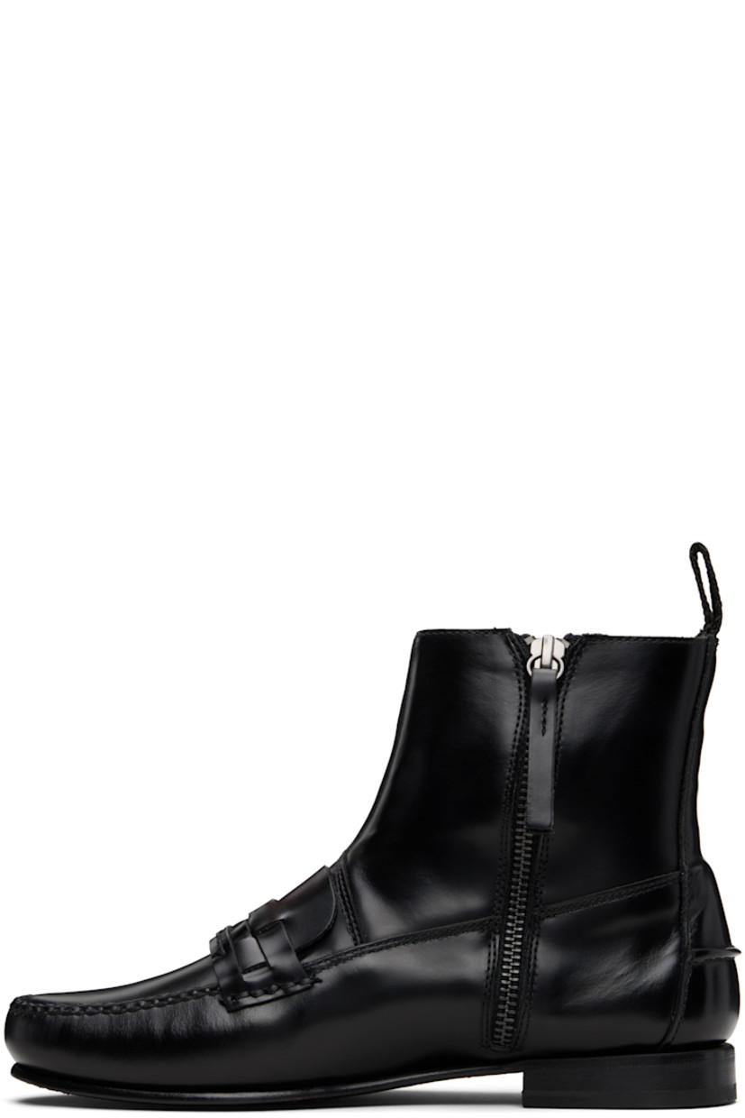 Handcrafted ankle-high buffed leather boots.

· Moc toe
· Basket-woven strap at vamp
· Zip closure at inner side
· Webbing pull-loop at heel collar
· Pinched seam at heel counter
· Stacked leather heel
· Leather sole

Supplier color: Black