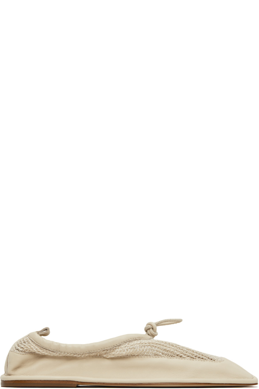 Grained lambskin and linen-blend mesh ballerina flats in beige.

· Square toe
· Drawstring at collar
· Pull-loop at heel collar
· Rubber heel
· Calfskin sole

Part of the RUOHAN x Hereu collaboration. 

Supplier color: Cream