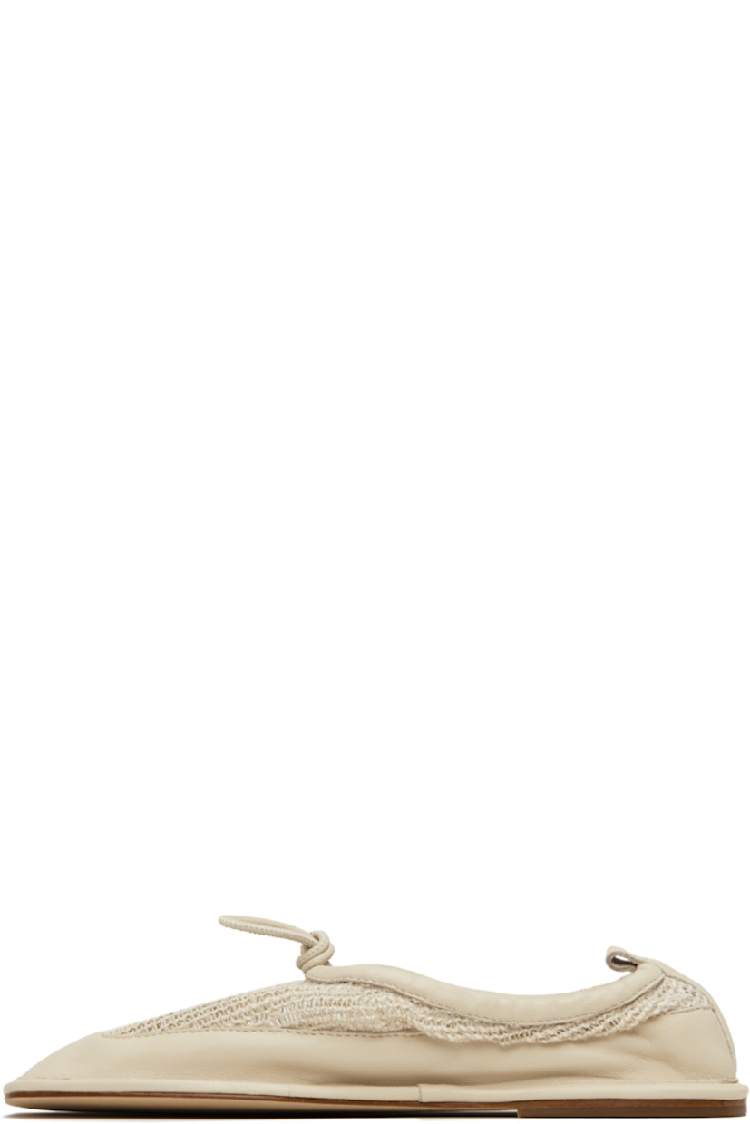 Grained lambskin and linen-blend mesh ballerina flats in beige.

· Square toe
· Drawstring at collar
· Pull-loop at heel collar
· Rubber heel
· Calfskin sole

Part of the RUOHAN x Hereu collaboration. 

Supplier color: Cream