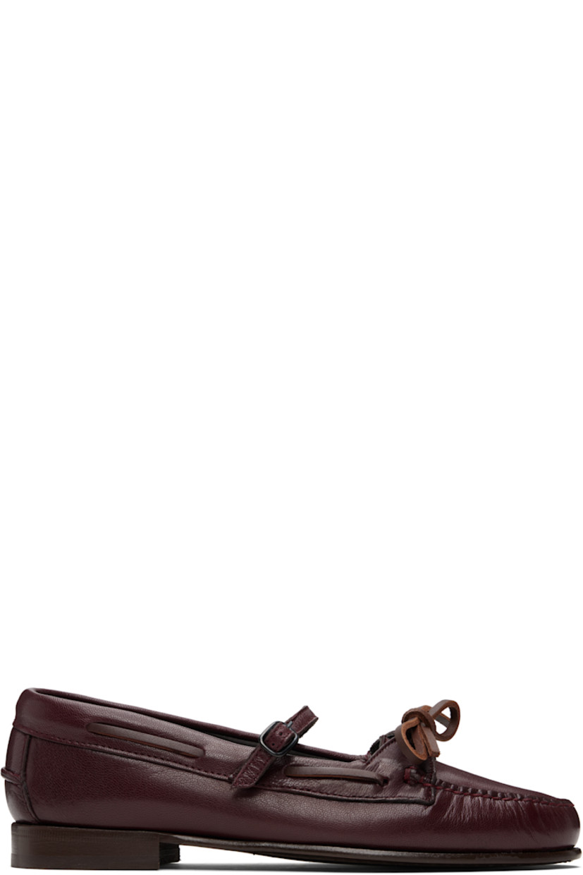 Handcrafted grained lambskin loafers.

· Moc toe
· Self-tie closure
· Pin-buckle strap at vamp
· Lace-up detailing at collar
· Pinched seam at heel counter
· Stacked calfskin heel
· Calfskin sole

Supplier color: Burgundy