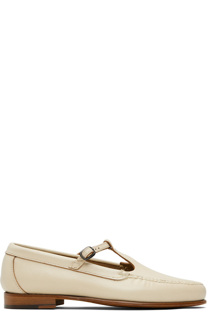 Handcrafted buffed calfskin loafers.

· Moc toe
· Pin-buckle strap at vamp
· Suede interior
· Stacked calfskin heel
· Calfskin sole

Supplier color: Custard