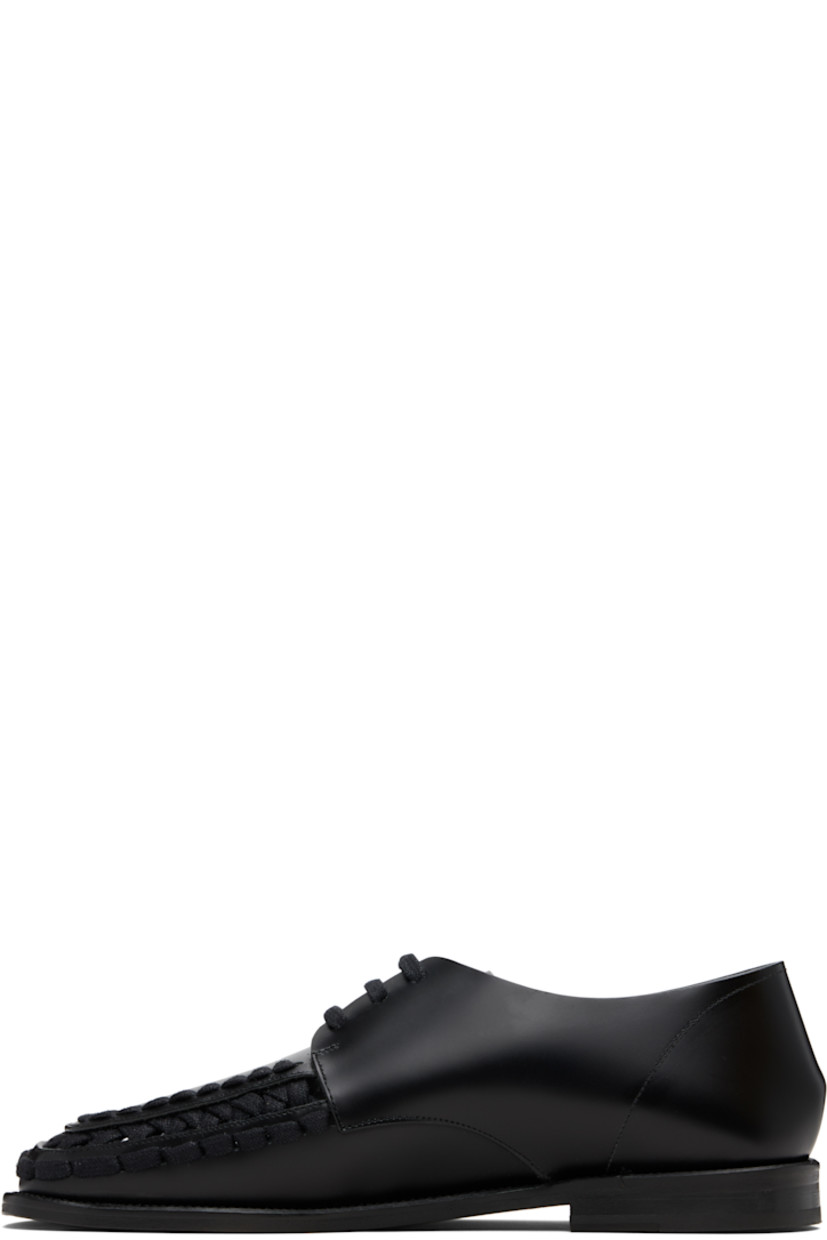 Polished calfskin derbys.

· Braided detailing at square moc toe
· Lace-up closure
· Suede lining
· Stacked leather heel with rubber injection
· Calfskin sole

Supplier color: Black