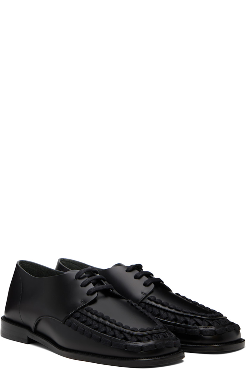 Polished calfskin derbys.

· Braided detailing at square moc toe
· Lace-up closure
· Suede lining
· Stacked leather heel with rubber injection
· Calfskin sole

Supplier color: Black
