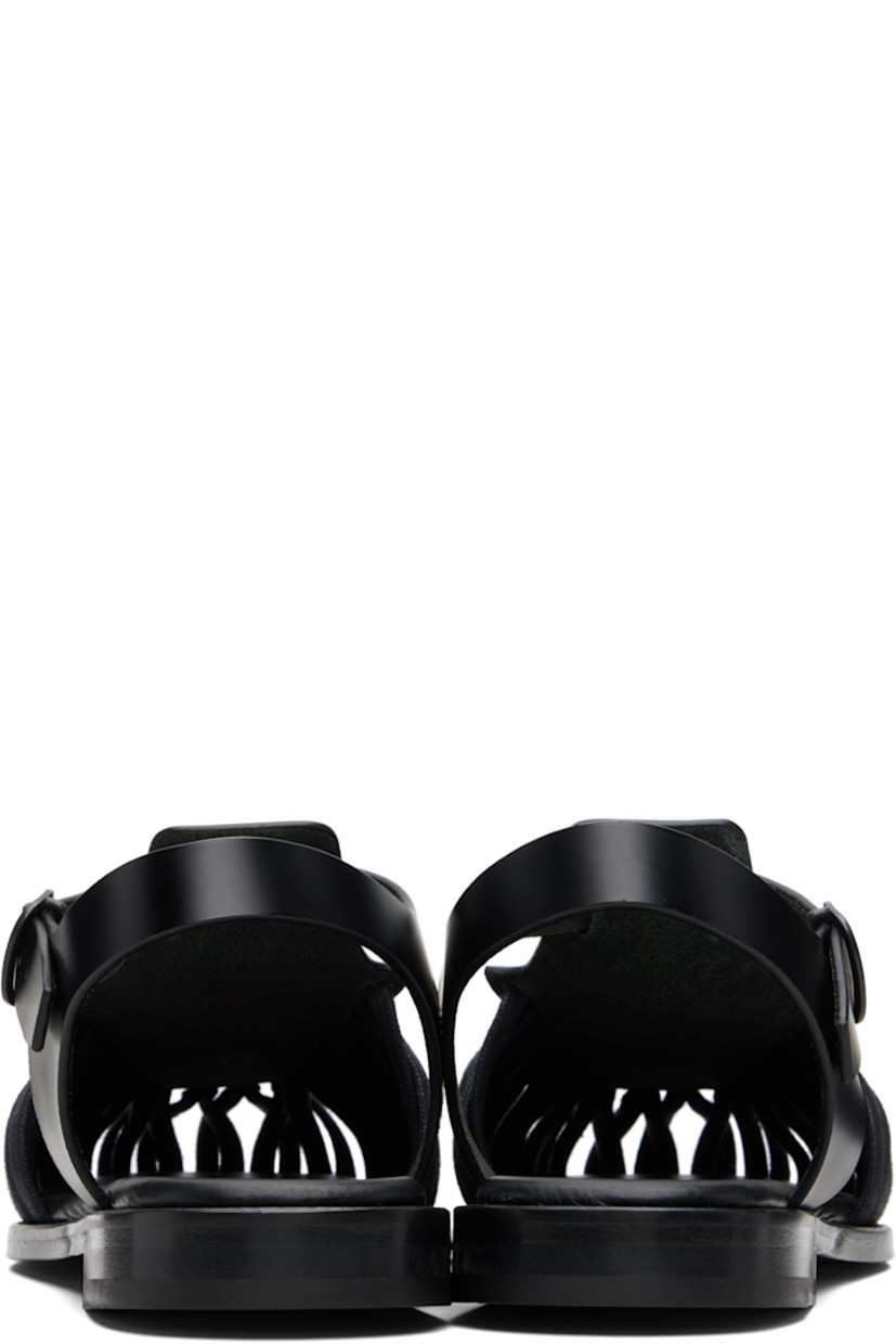 Handcrafted buffed calfskin sandals.

· Cotton lacing at square toe
· Pin-buckle ankle strap
· Logo-embossed padded calfskin footbed
· Stacked calfskin heel
· Calfskin sole

Supplier color: Black