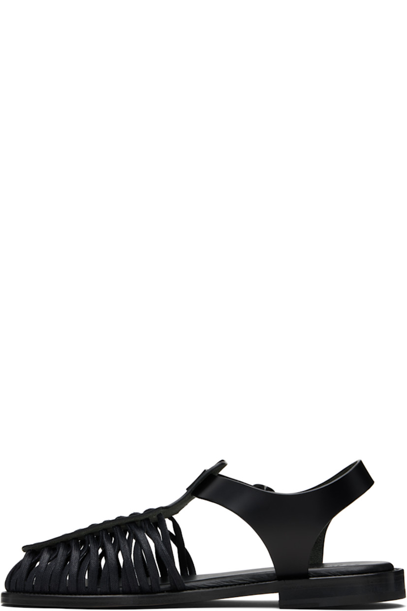 Handcrafted buffed calfskin sandals.

· Cotton lacing at square toe
· Pin-buckle ankle strap
· Logo-embossed padded calfskin footbed
· Stacked calfskin heel
· Calfskin sole

Supplier color: Black