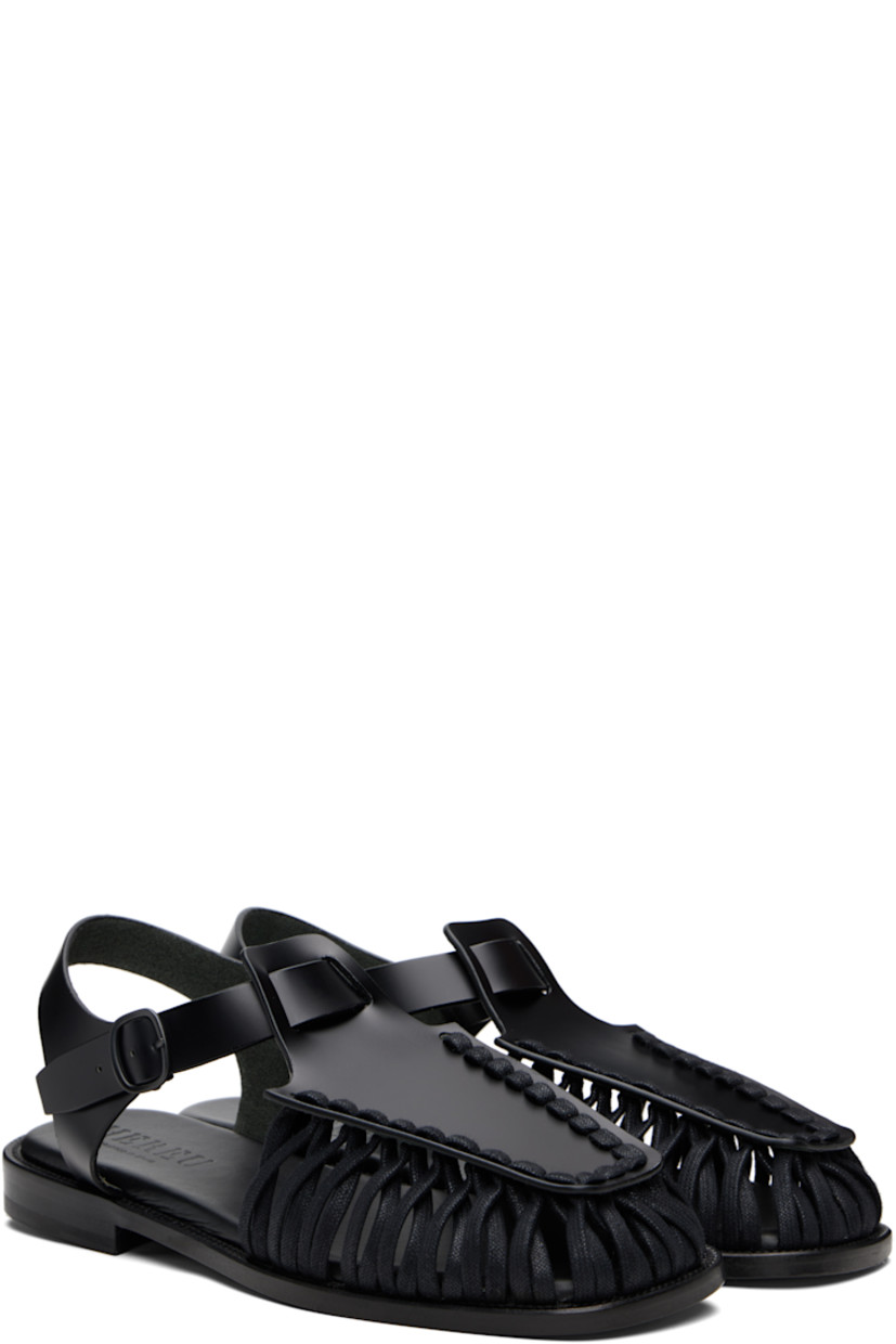 Handcrafted buffed calfskin sandals.

· Cotton lacing at square toe
· Pin-buckle ankle strap
· Logo-embossed padded calfskin footbed
· Stacked calfskin heel
· Calfskin sole

Supplier color: Black