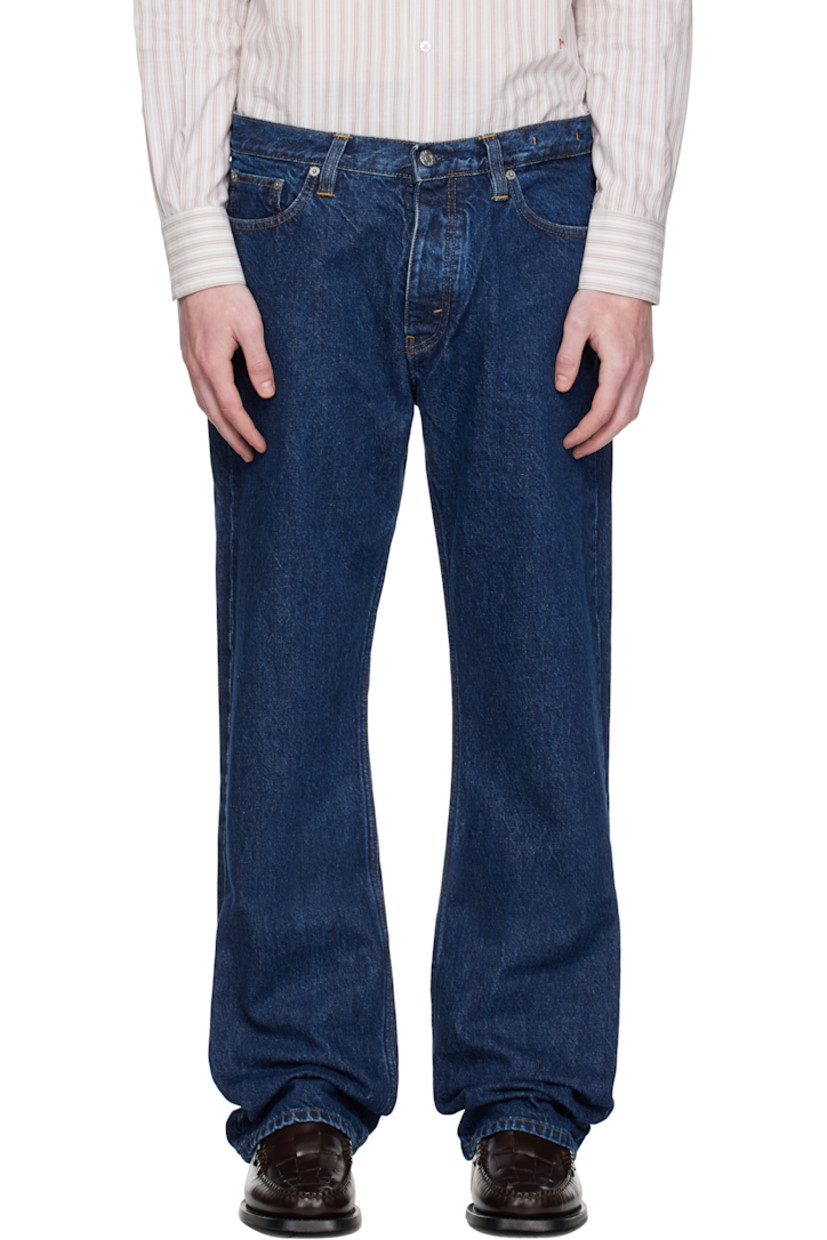 Non-stretch organic cotton denim jeans.

· Fading throughout
· Loose-fit
· Belt loops
· Five-pocket styling
· Button fly
· Logo patch at back waistband

Supplier color: Dark indigo wash