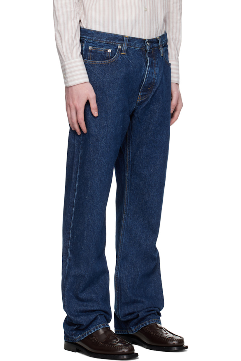 Non-stretch organic cotton denim jeans.

· Fading throughout
· Loose-fit
· Belt loops
· Five-pocket styling
· Button fly
· Logo patch at back waistband

Supplier color: Dark indigo wash