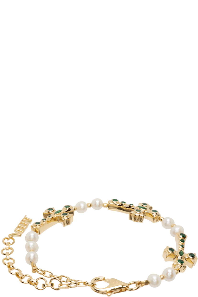 Handcrafted cable chain bracelet in 18k yellow gold vermeil. 

· Beaded freshwater pearls throughout
· Charms with green cubic zirconia stones
· Logo charm at adjustable lobster-clasp fastening 
· L9.5"

Supplier color: Yellow gold/Green