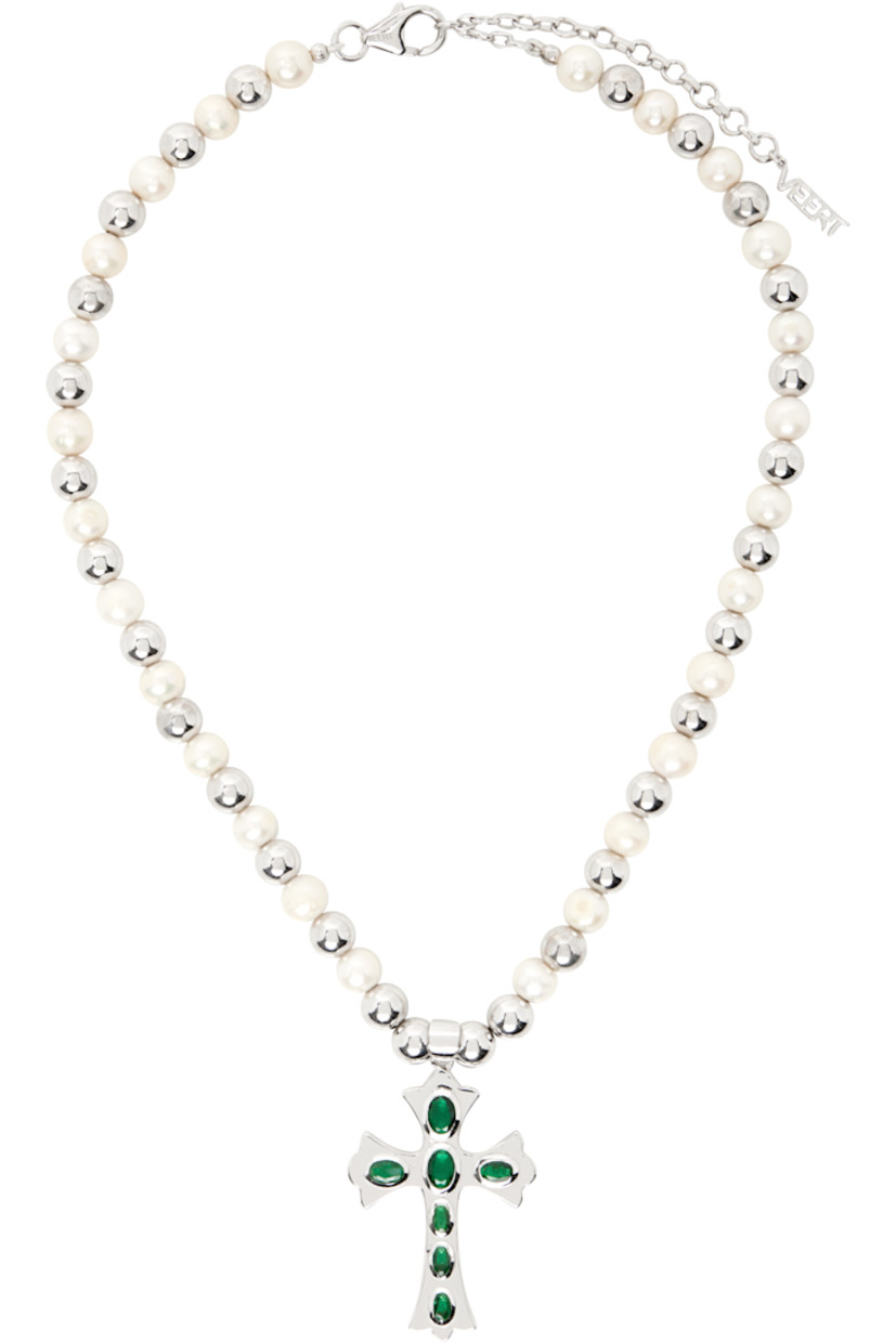 Handcrafted ball chain necklace in 18k white gold vermeil. 

· Beaded freshwater pearls throughout
· Bezel-set cubic zirconia stones at pendant
· Logo charm at adjustable lobster-clasp fastening
· L20.5"

Supplier color: White gold/Green