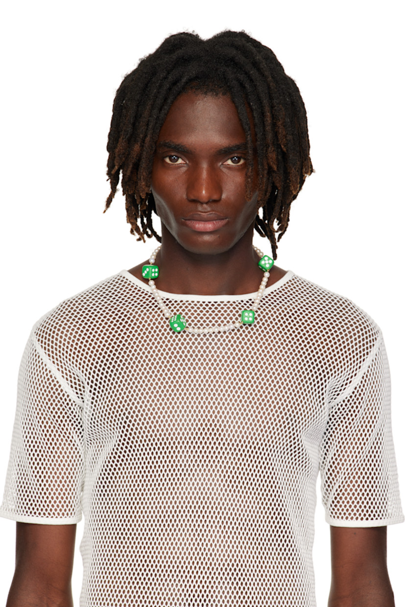 Handcrafted beaded freshwater pearl necklace. 

· Green enameled charms throughout
· Logo charm at adjustable lobster-clasp fastening 
· 18k yellow gold vermeil hardware 
· L21"

Supplier color: Yellow gold/Green