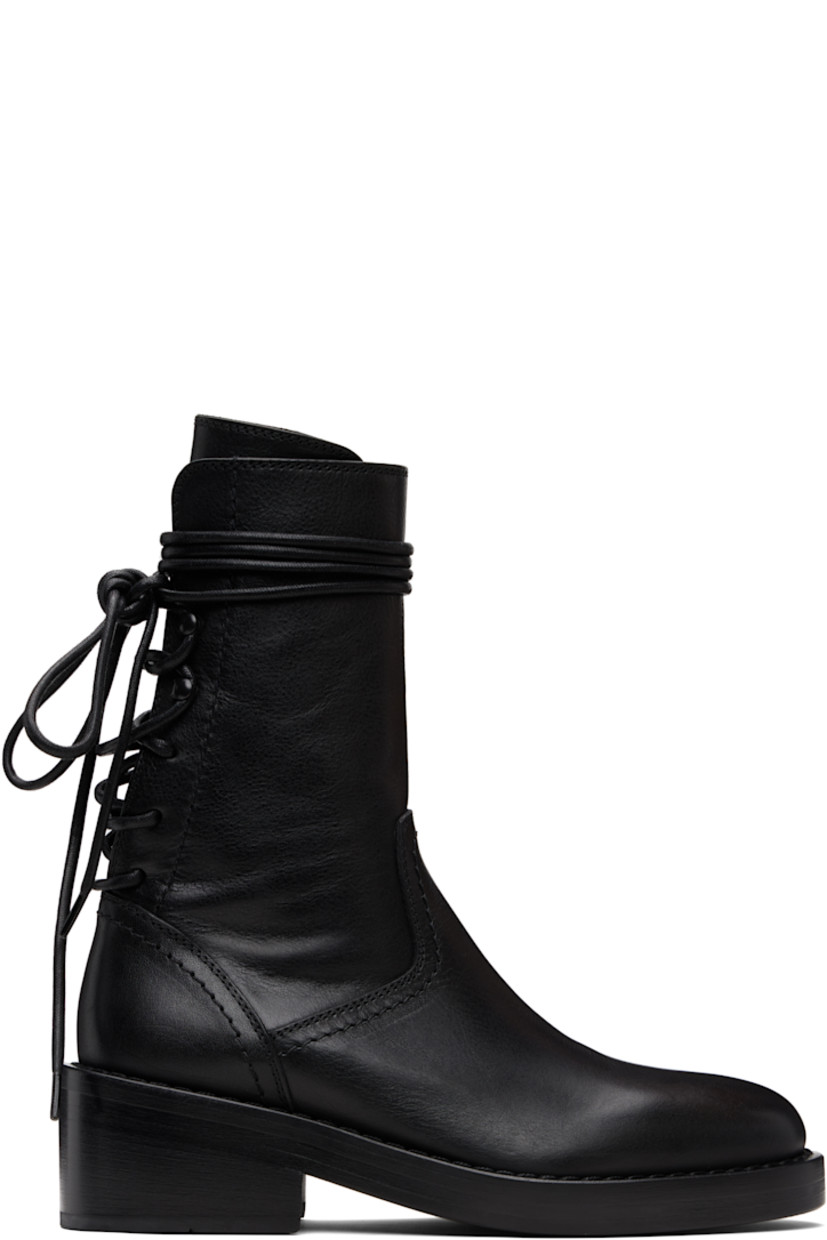 Mid-calf grained calfskin boots.

· Zip closure at inner side
· Wraparound lace-up closure at heel counter 
· Stacked leather midsole and block heel 
· Rubber sole 
· Heel: H2.25"

Supplier color: Black