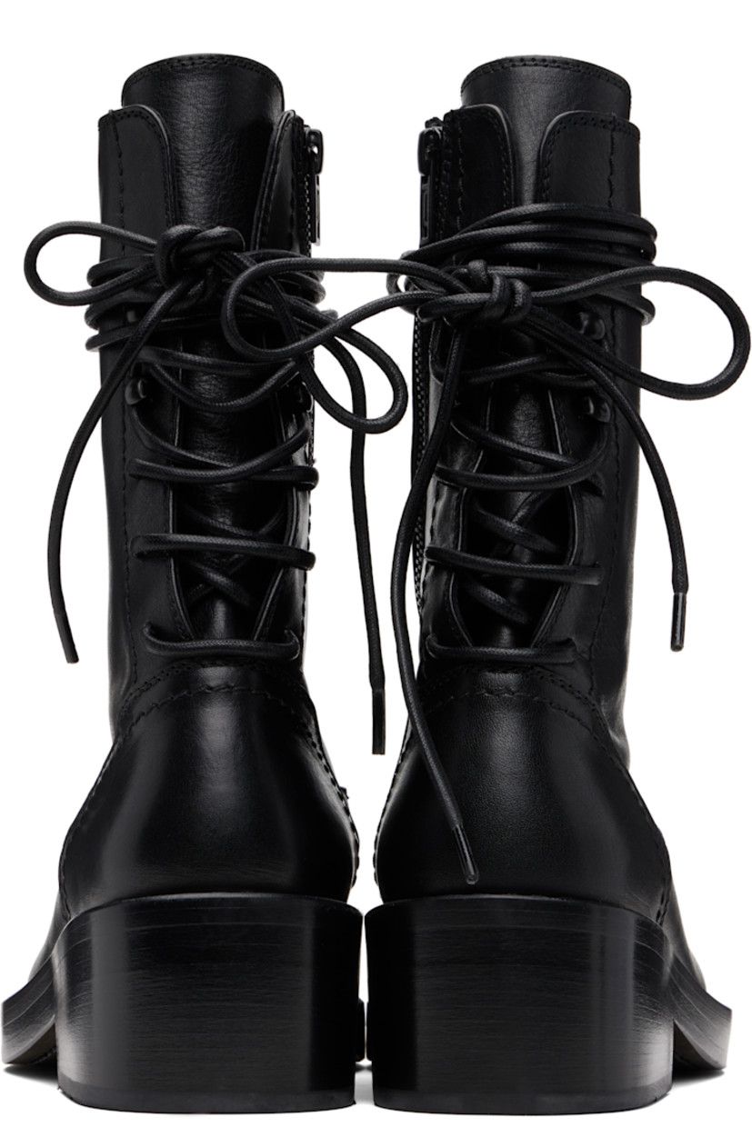 Mid-calf grained calfskin boots.

· Zip closure at inner side
· Wraparound lace-up closure at heel counter 
· Stacked leather midsole and block heel 
· Rubber sole 
· Heel: H2.25"

Supplier color: Black