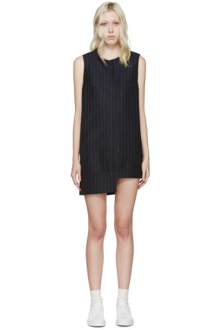 Jacquemus: Navy Asymmetric Pinstripe Dress | SSENSE