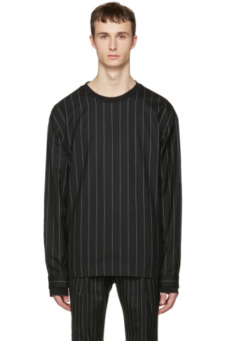 Juun.J: Black Pinstripe Pullover | SSENSE