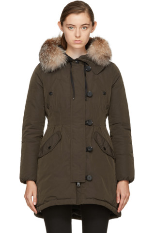 Moncler: Green Down & Fur Arehdel Coat | SSENSE