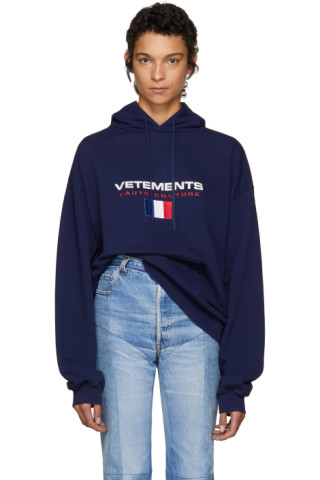 Vetements: Navy Flag Logo Stoner Hoodie | SSENSE