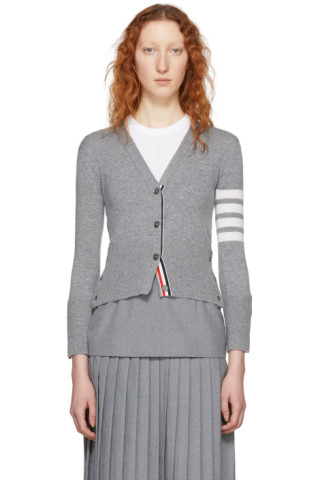 Thom Browne: Grey Cashmere Classic Four Bar V-Neck Cardigan | SSENSE