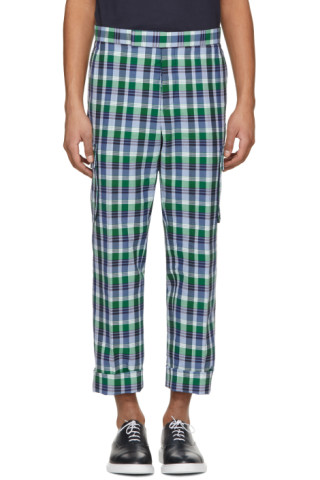 Thom Browne: Blue Madras Gusseted Patch Pocket Trousers | SSENSE